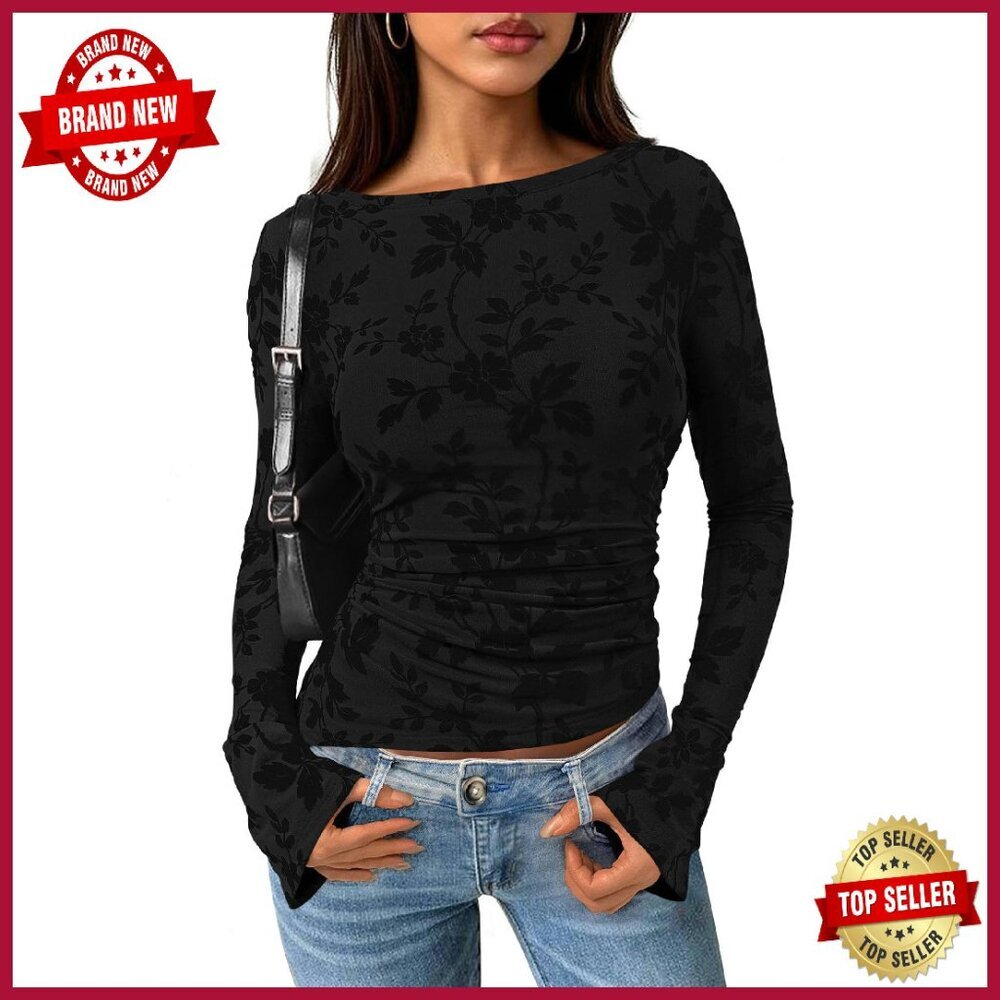 Long Sleeve Mesh Blouse Boat Neck Ruched Detail Floral Top